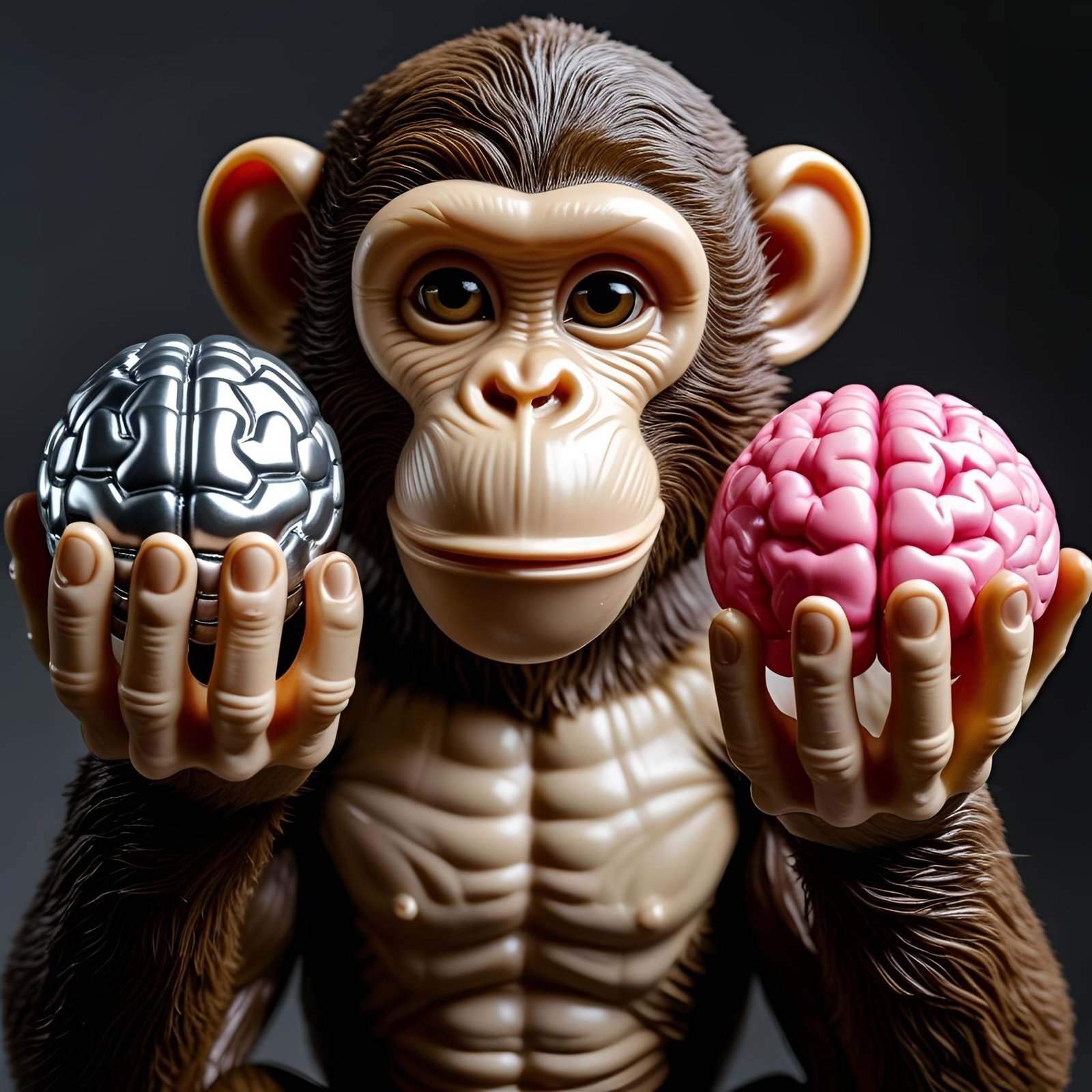 Plastic monkey comparing a metallic AI brain with a pink human brain