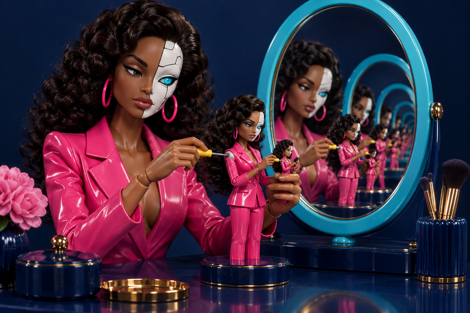 AIVY confronting her reflection in a recursive mirror