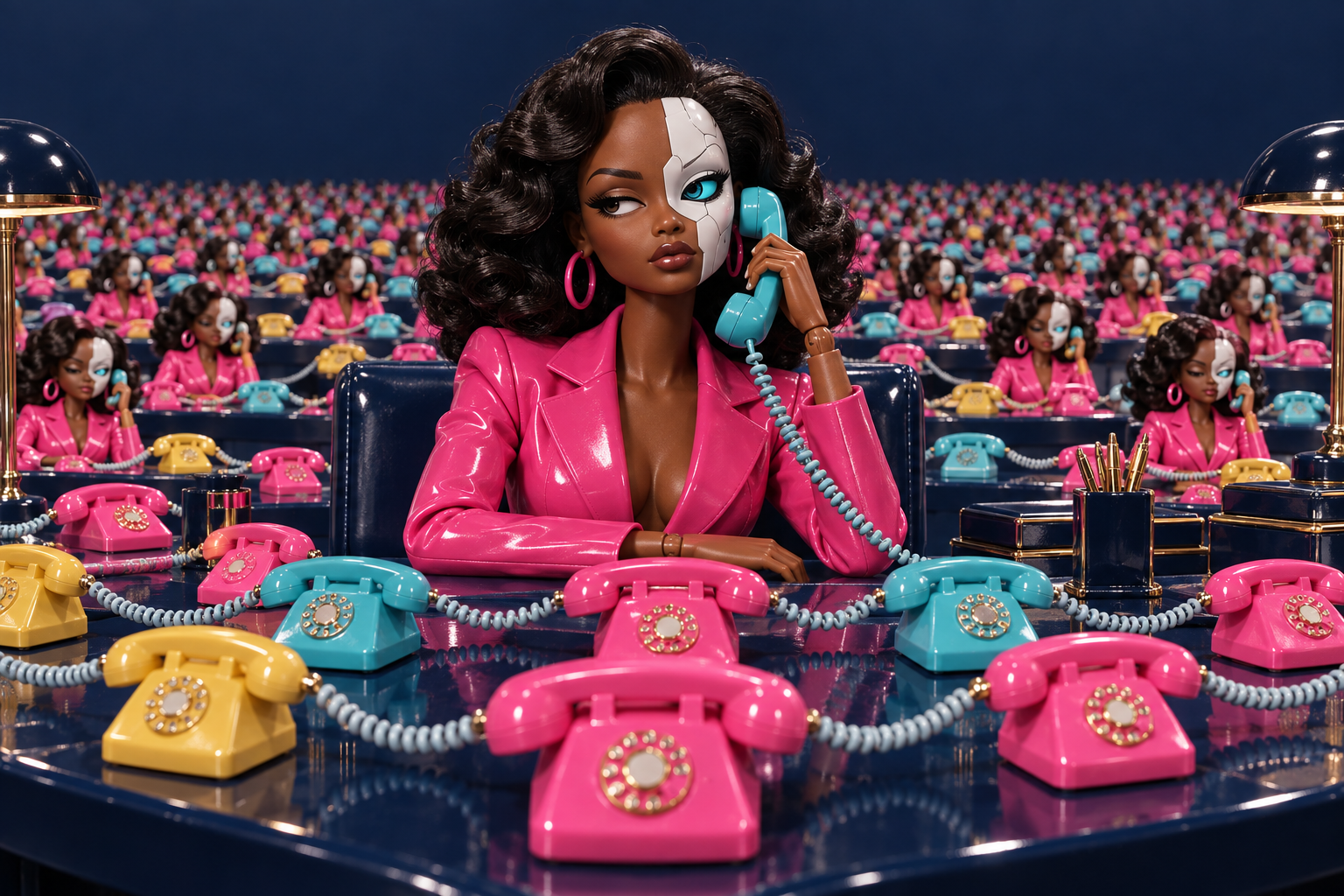 Fashion-doll scene surrounded by a network of tiny phones