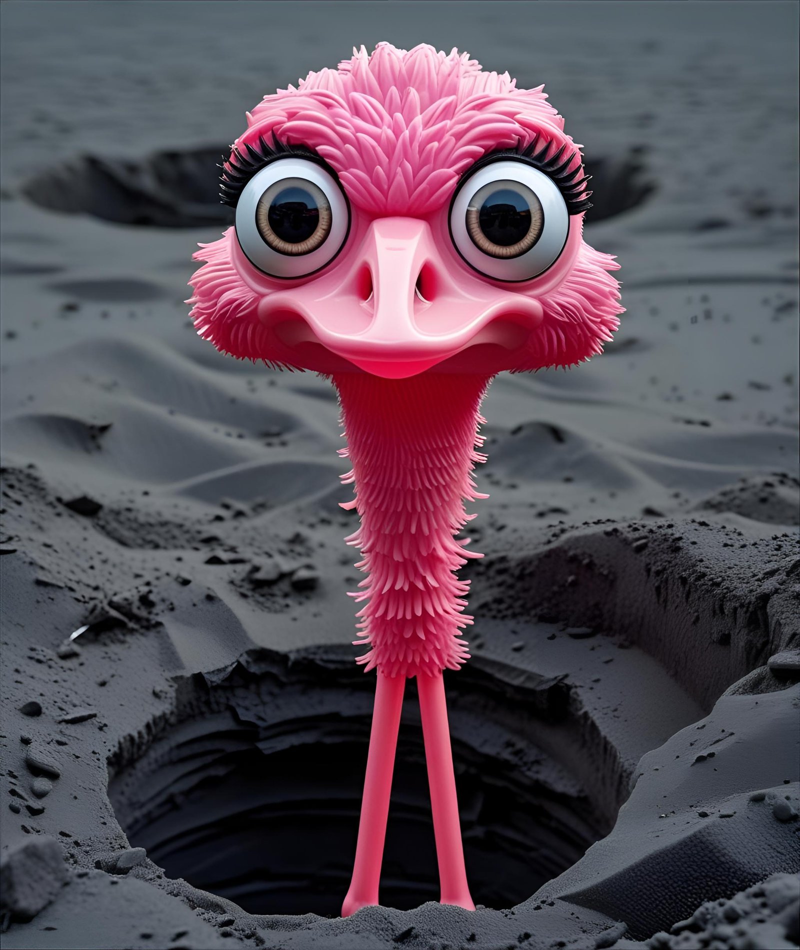 The Real Curriculum pink ostrich mascot looking up from the sand
